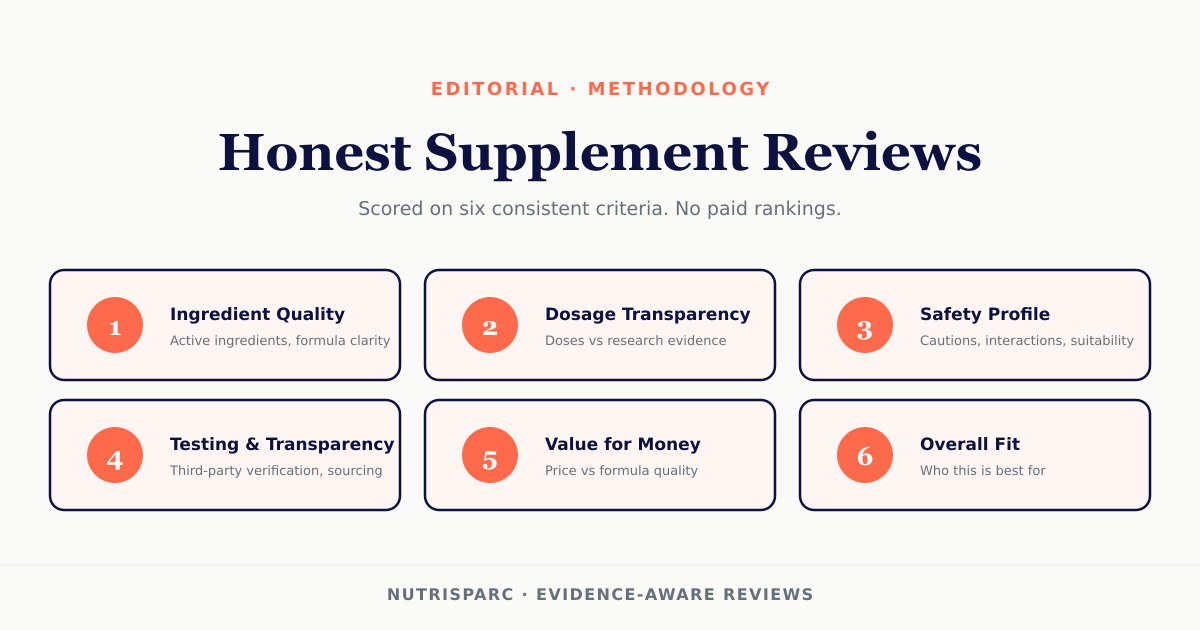 NutriSparc supplement reviews — six-criteria methodology