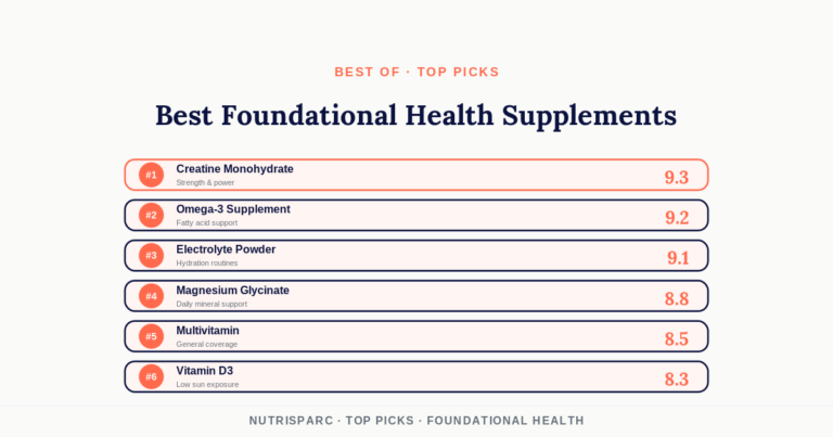 Best foundational health supplements ranking — #1 creatine 9.3, omega-3 9.2, electrolytes 9.1, magnesium 8.8, multivitamin 8.5, vitamin D3 8.3