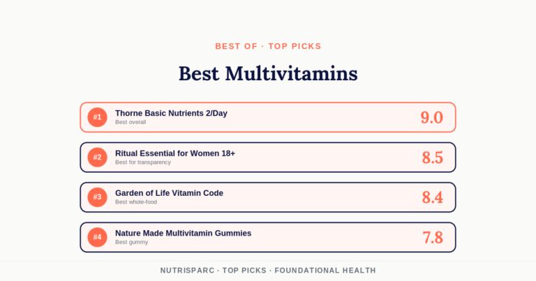 Best multivitamins ranking — #1 Thorne Basic Nutrients 9.0, Ritual 8.5, Garden of Life 8.4, Nature Made gummies 7.8