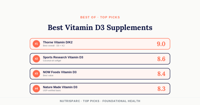 Best vitamin D3 supplements ranking — #1 Thorne D/K2 9.0, Sports Research 8.6, NOW Foods 8.4, Nature Made 8.3
